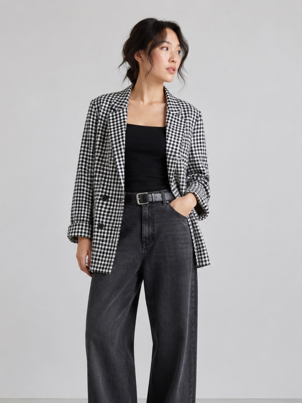 Bershka Black and White Gingham Double-Breasted Blazer